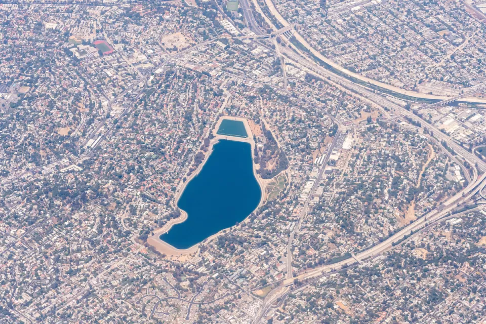 The Silver Lake Reservoir and surrounding neighborhoods in Los Angeles, as seen from high above
